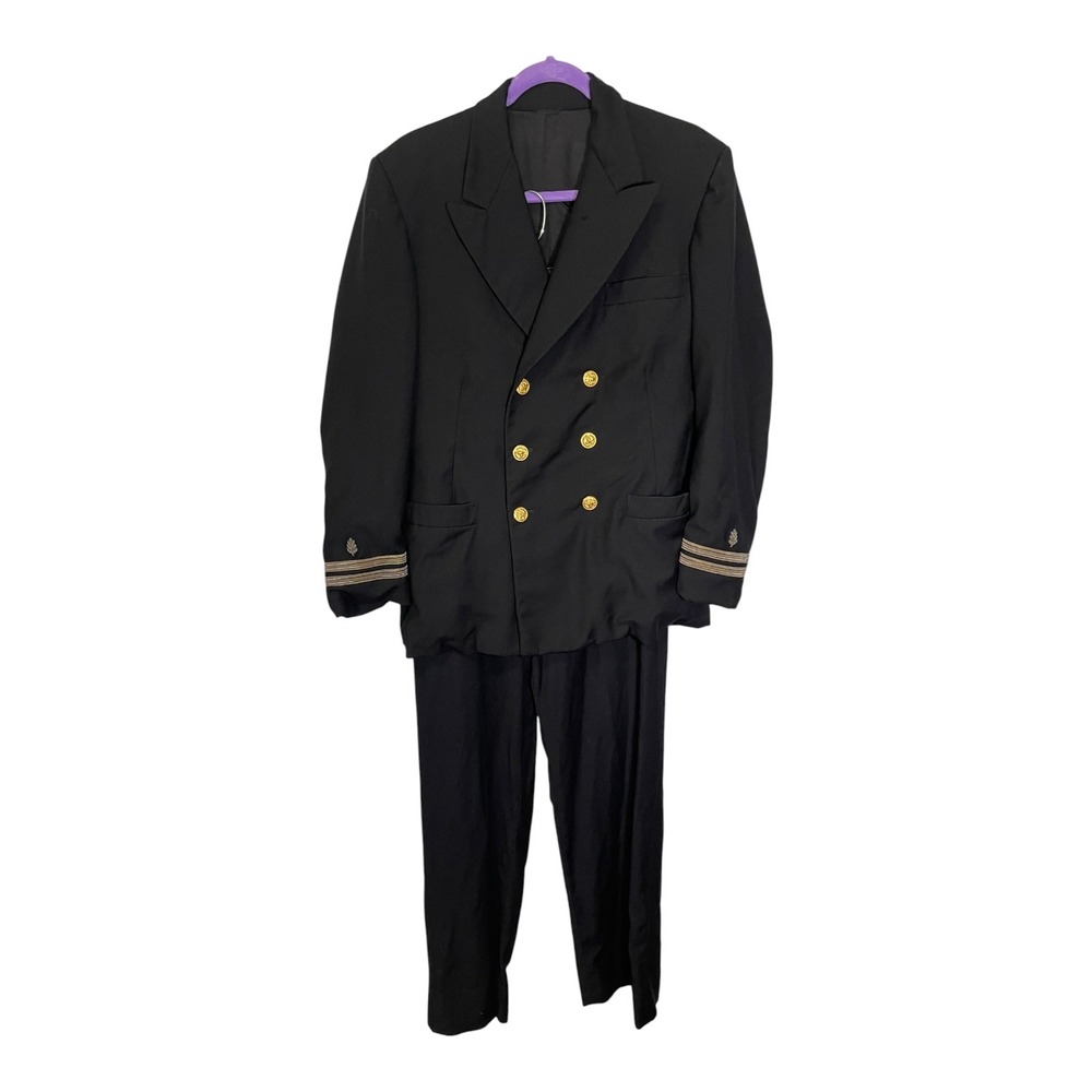 Vintage S. Davis Clothing 40R Black Suit Double Breasted Naval Officer Military